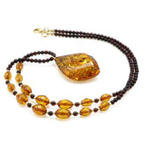 Cognac Amber Flame Pendant Beaded Necklace - Amber Alex Jewelry