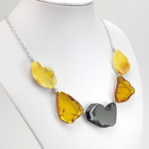 Multi-Color Amber Slab Necklace Sterling Silver