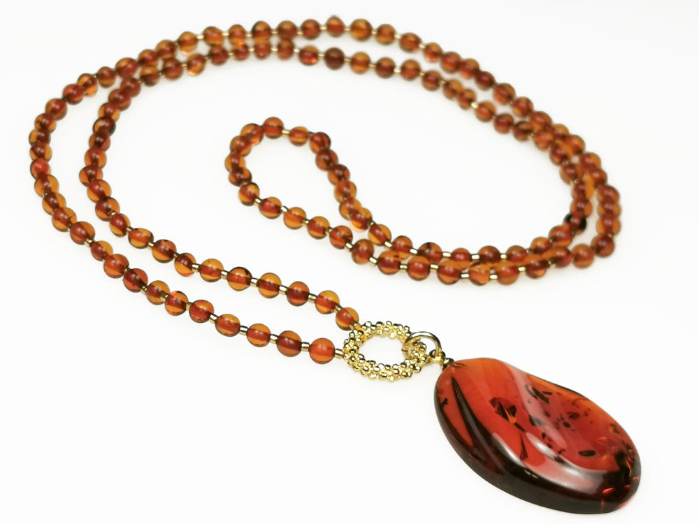 Cognac Amber Free Shape Pendant Beaded Necklace
