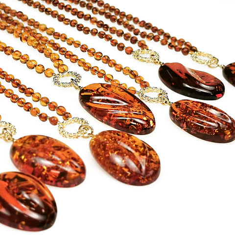 Cognac Amber Free Shape Pendant Beaded Necklace