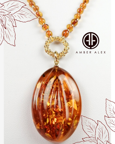 Cognac Amber Free Shape Pendant Beaded Necklace