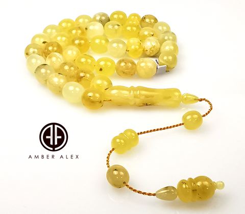 Yellow With Fossil Amber Egg Shape 12 mm Islamic Prayer Beads