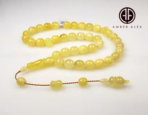 Yellow With Fossil Amber Egg Shape 12 mm Islamic Prayer Beads