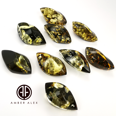 "Earth Stone" Green Amber Handmade Marquise Shape Cabochons