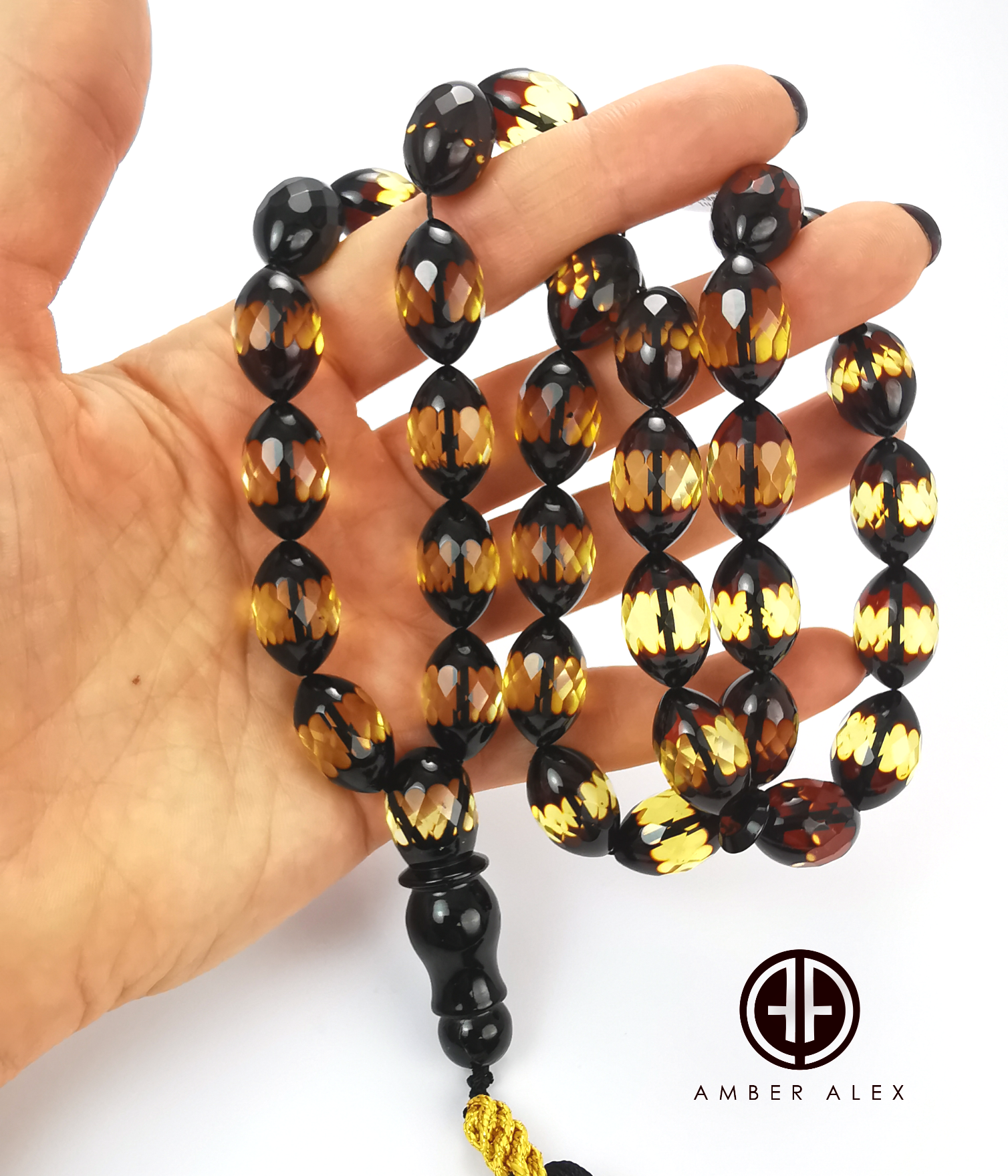 Two Toned Amber Faceted Olive Shape 12mm Islamic Prayer Beads