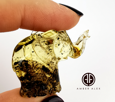 Fossil Amber Carved Elephant Figurine