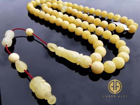 Yellow With White Amber Round Shape 8.5 mm Islamic Prayer Beads