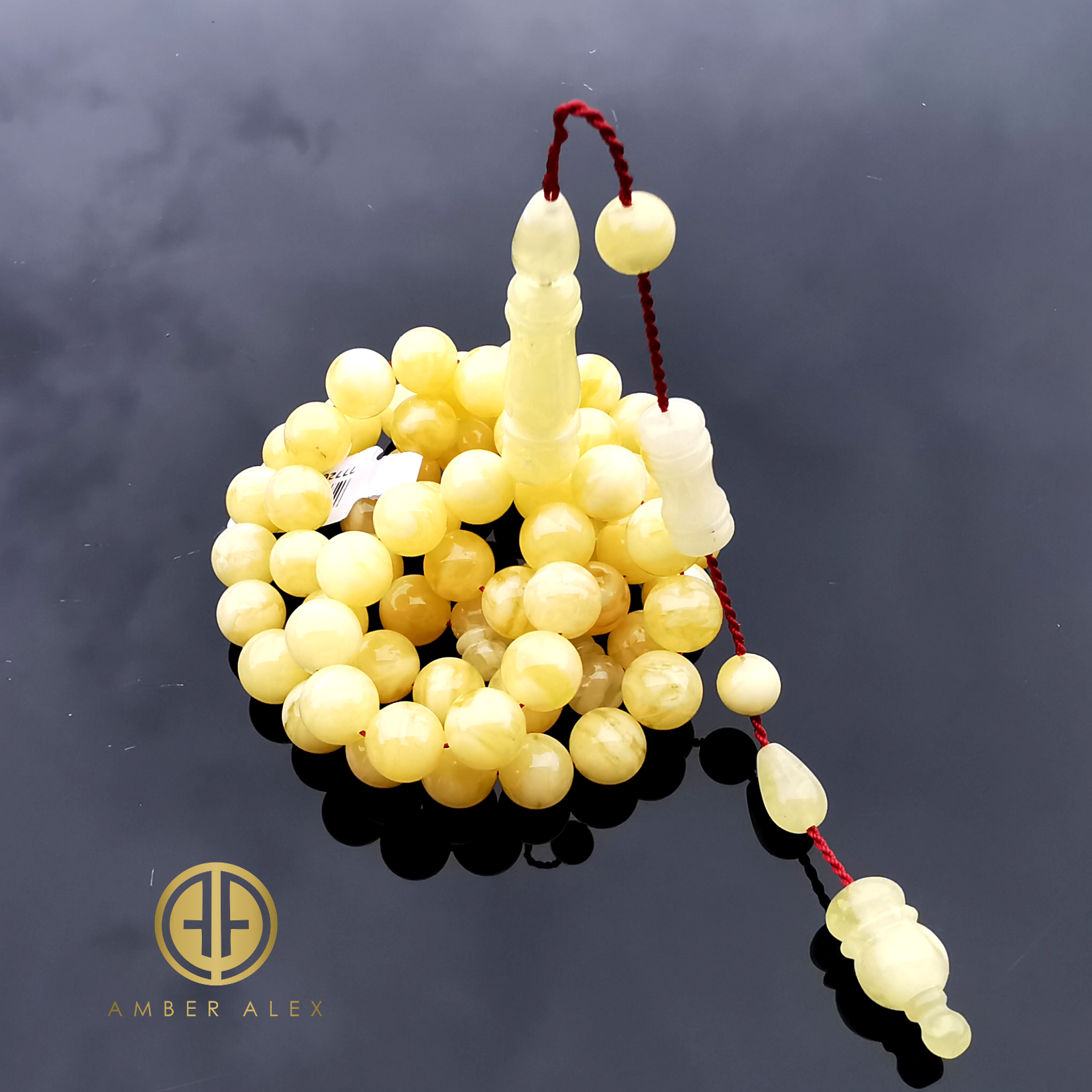 Yellow With White Amber Round Shape 8.5 mm Islamic Prayer Beads