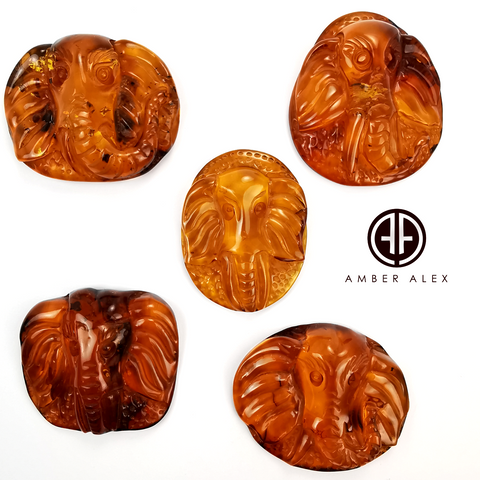 Cognac Amber Carved Elephant Cabochons