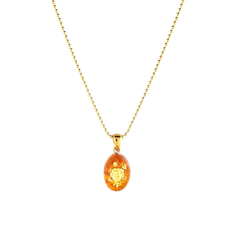 Engraved Cognac Amber Oval Pendant & Chain Necklace 14K Gold Plated