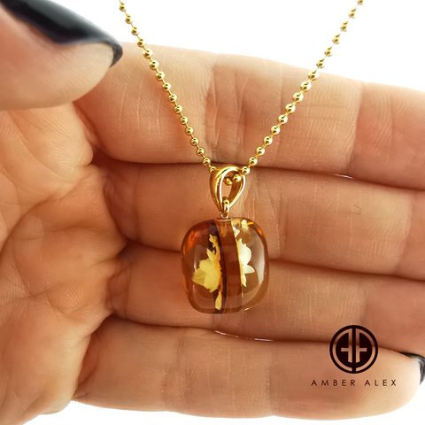 Engraved Cognac Amber Oval Pendant & Chain Necklace 14K Gold Plated