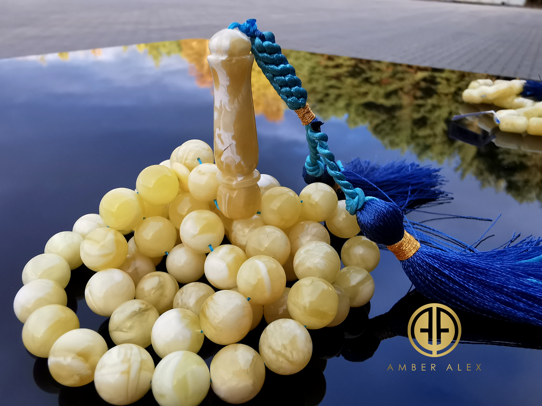 White With Yellow Amber Round Shape 9.5 mm Islamic Prayer Beads