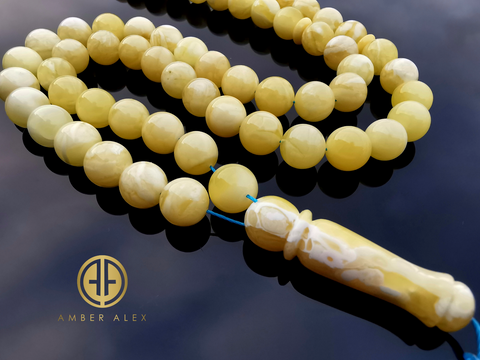 White With Yellow Amber Round Shape 9.5 mm Islamic Prayer Beads