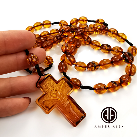 Cognac Amber Olive Beads Catholic Rosary With Carved Cross