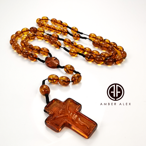 Cognac Amber Olive Beads Catholic Rosary With Carved Cross