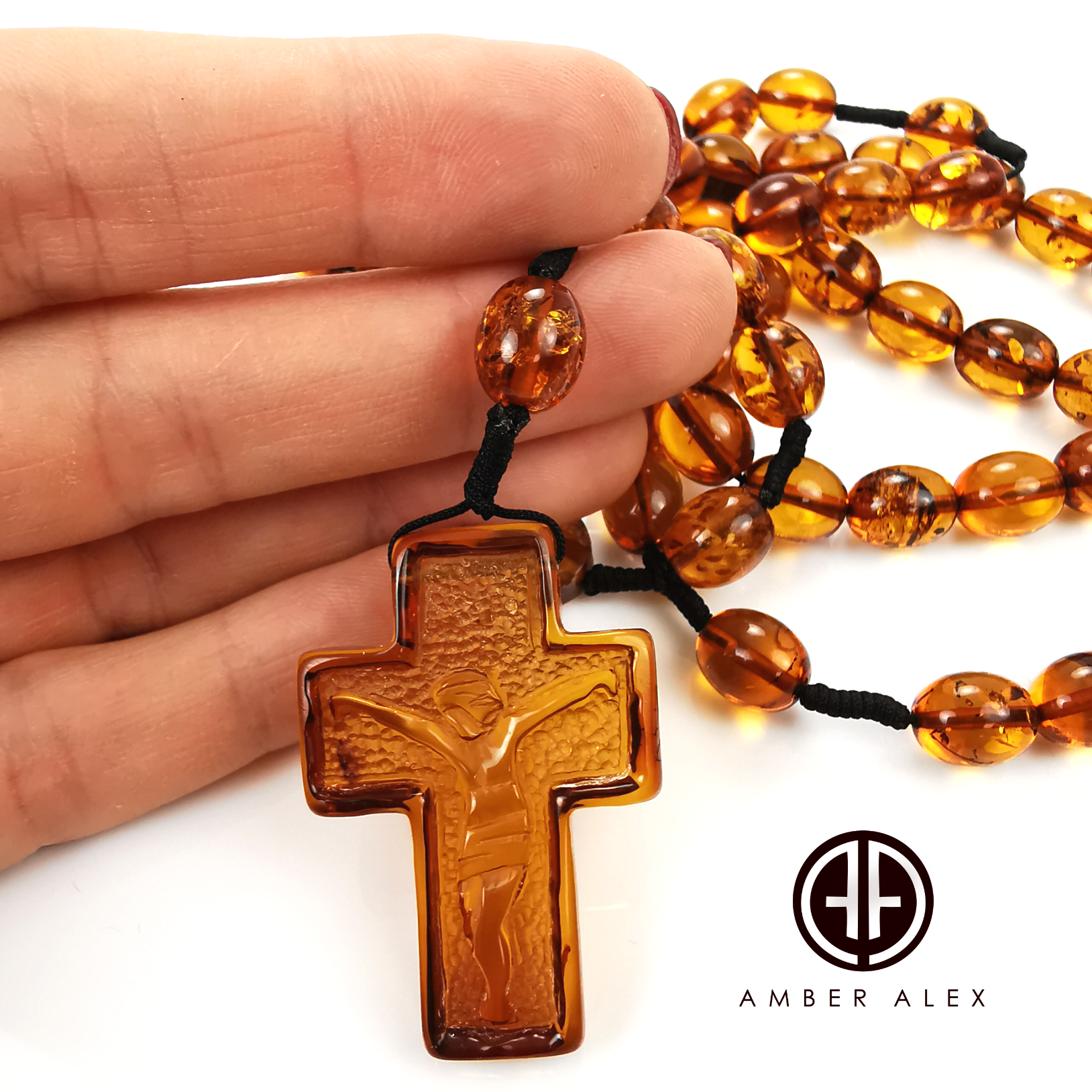 Cognac Amber Olive Beads Catholic Rosary With Carved Cross