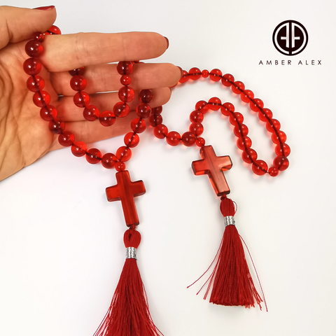 Red Amber Round Beads Orthodox Christian Rosary With Cross Pendant