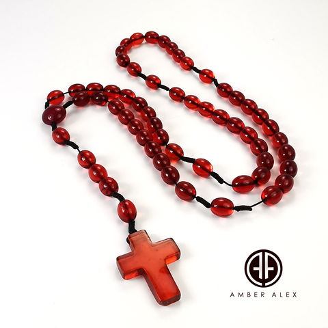 Red Amber Olive Beads Catholic Rosary With Cross Pendant