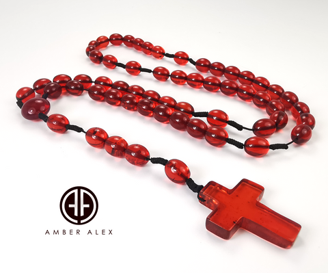 Red Amber Olive Beads Catholic Rosary With Cross Pendant