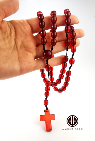 Red Amber Olive Beads Catholic Rosary With Cross Pendant