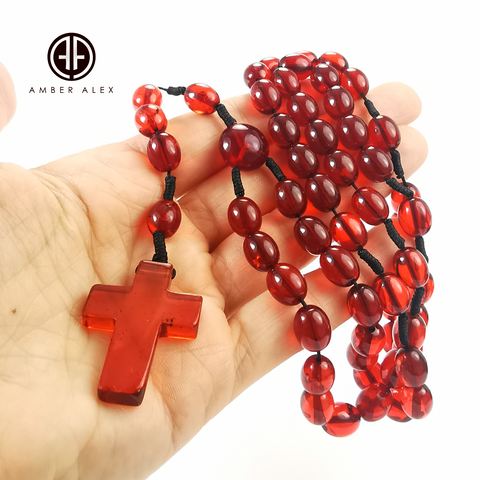 Red Amber Olive Beads Catholic Rosary With Cross Pendant