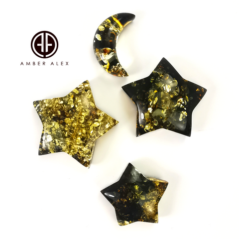 "Earth Stone" Green Amber Handmade Star And Moon Shape Cabochons