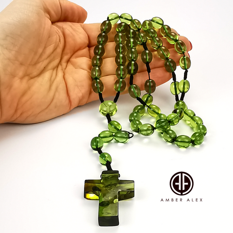 Green Amber Olive Beads Catholic Rosary With Cross Pendant