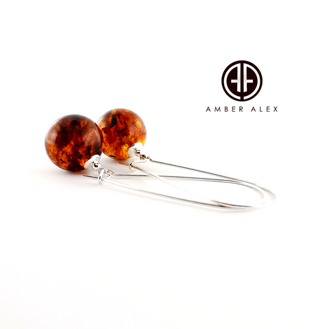 Cognac Amber Round Dangle Earrings Sterling Silver