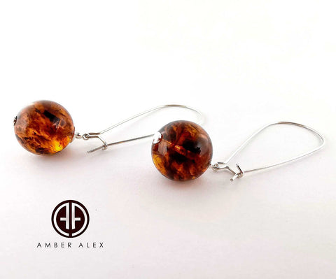 Cognac Amber Round Dangle Earrings Sterling Silver