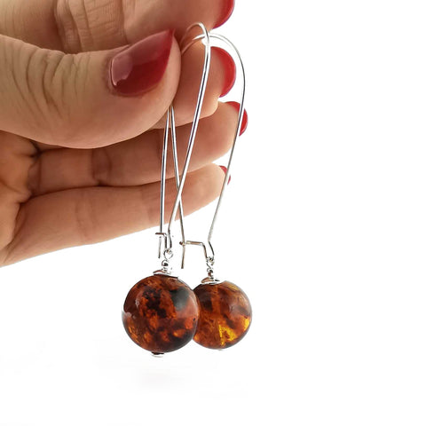 Cognac Amber Round Dangle Earrings Sterling Silver