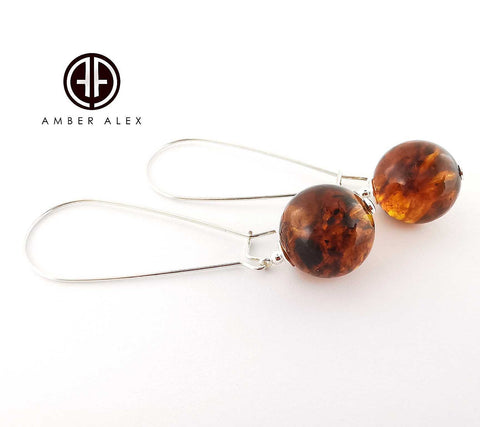 Cognac Amber Round Dangle Earrings Sterling Silver