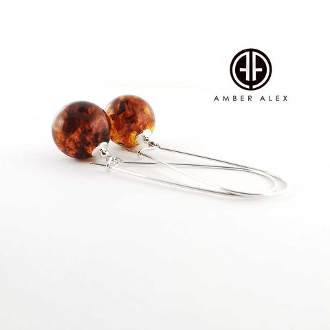 Cognac Amber Round Dangle Earrings Sterling Silver