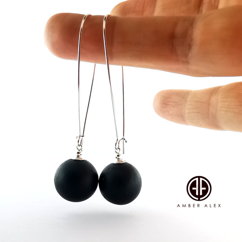 Black Amber Round Dangle Earrings Sterling Silver