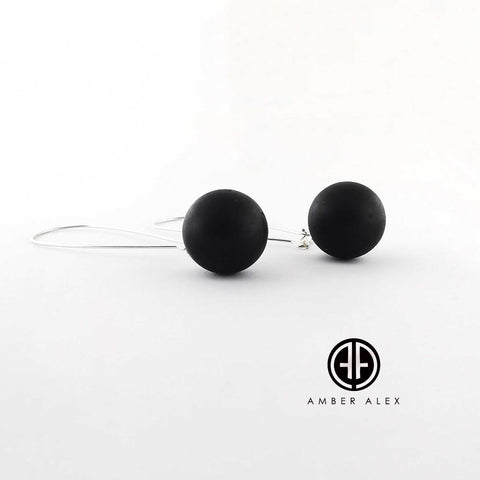 Black Amber Round Dangle Earrings Sterling Silver