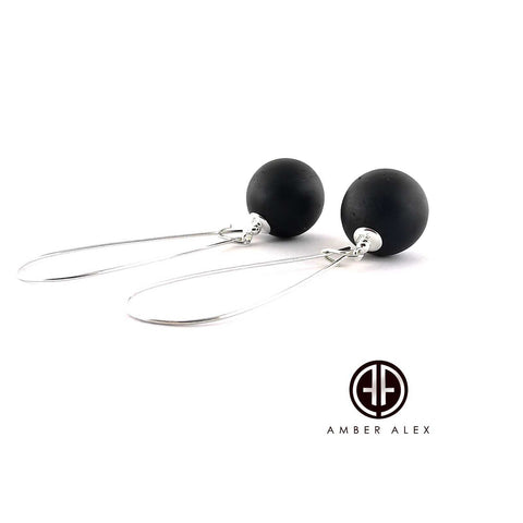 Black Amber Round Dangle Earrings Sterling Silver