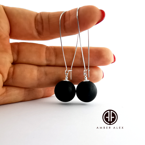 Black Amber Round Dangle Earrings Sterling Silver