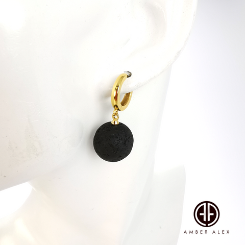 Black Amber Round Dangle Earrings 14k Gold Plated