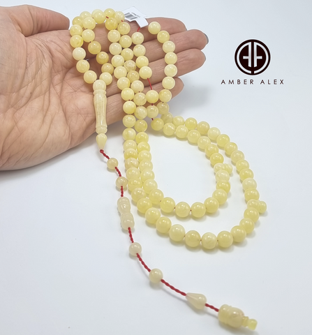 Yellow With White Amber Round Shape 8 mm Islamic Prayer Beads