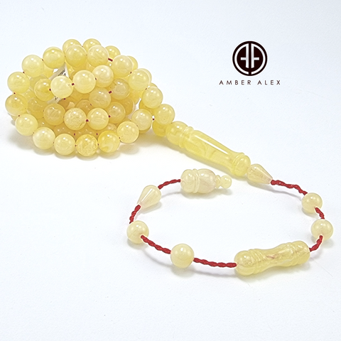 Yellow With White Amber Round Shape 8 mm Islamic Prayer Beads