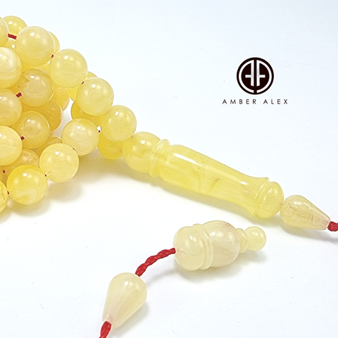 Yellow With White Amber Round Shape 8 mm Islamic Prayer Beads