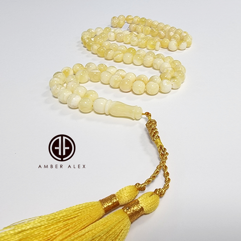 Yellow with White Amber Round Shape 8 mm Islamic Prayer Beads