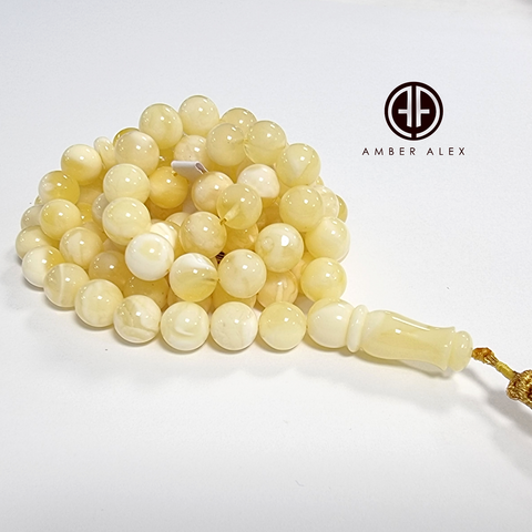 Yellow with White Amber Round Shape 8 mm Islamic Prayer Beads