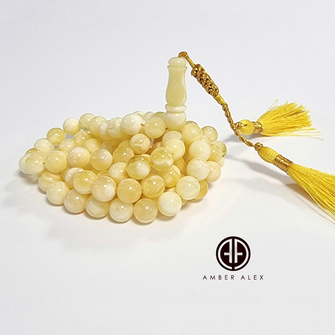 Yellow with White Amber Round Shape 8 mm Islamic Prayer Beads