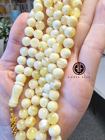 Yellow with White Amber Round Shape 8 mm Islamic Prayer Beads