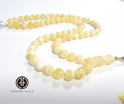 Yellow with White Amber Round Shape 8.5 mm Islamic Prayer Beads