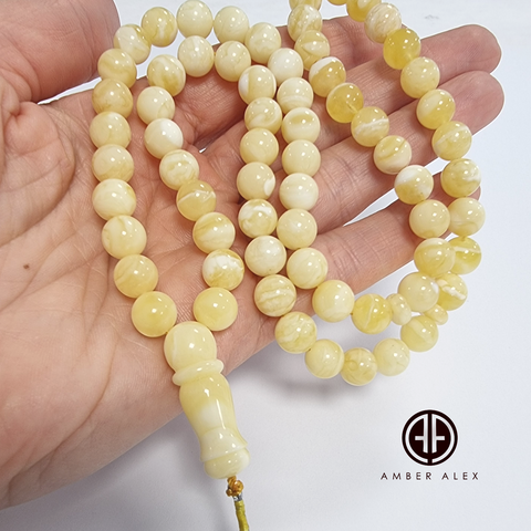 Yellow with White Amber Round Shape 8.5 mm Islamic Prayer Beads