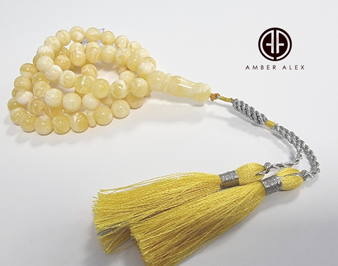 Yellow with White Amber Round Shape 8.5 mm Islamic Prayer Beads