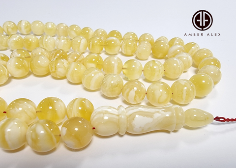 Yellow With White Amber Round Shape 9 mm Islamic Prayer Beads