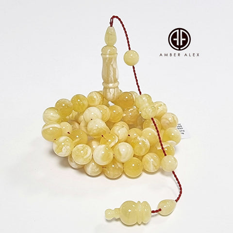 Yellow With White Amber Round Shape 9 mm Islamic Prayer Beads