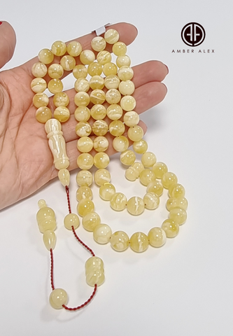 Yellow With White Amber Round Shape 9 mm Islamic Prayer Beads